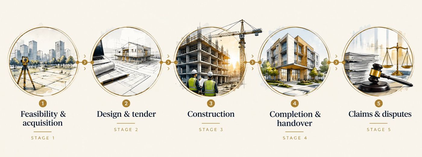Project lifecycle: feasibility and acquisition, design and tender, construction, completion and handover, claims and disputes